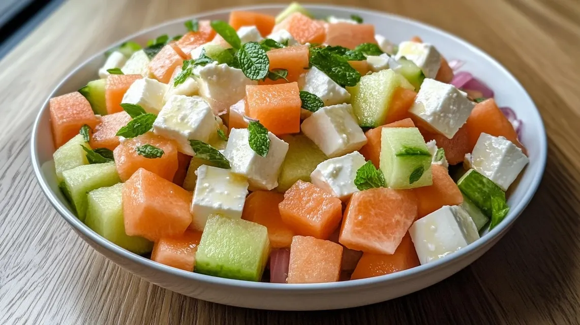 Colorful Melon and Feta Tetris Salad with mint and balsamic dressing