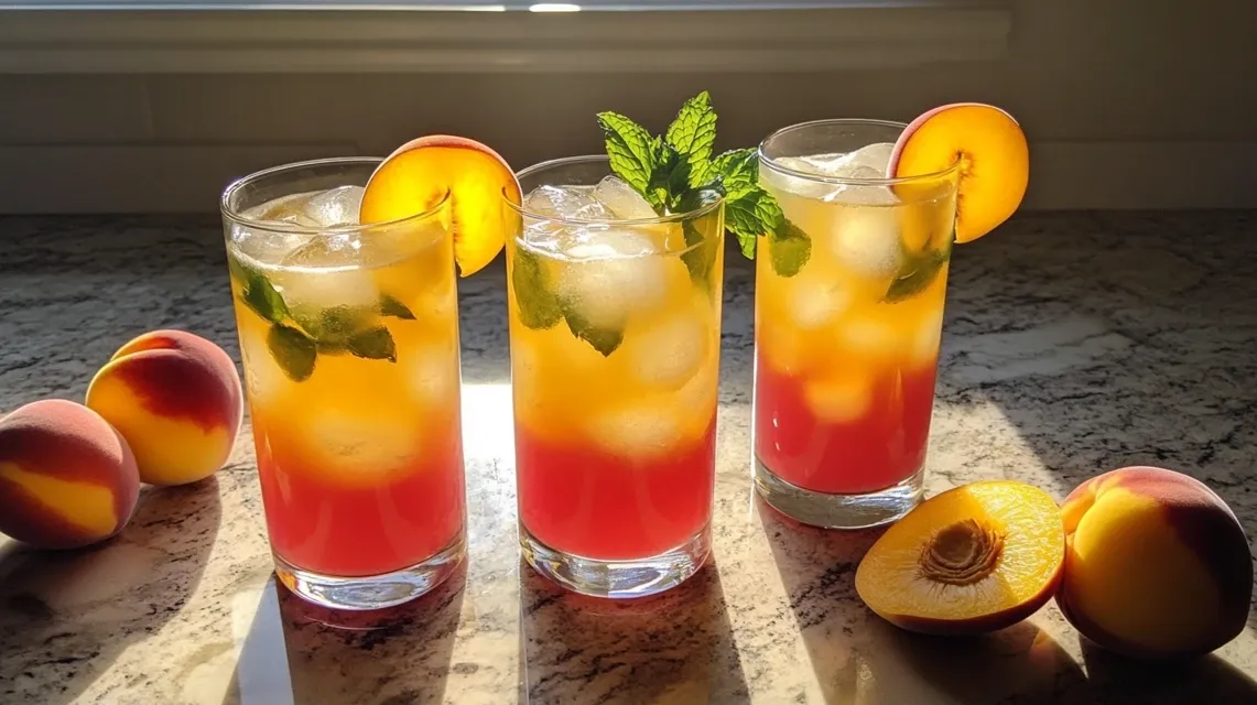 Glass of refreshing peach lemonade with ice and mint garnish