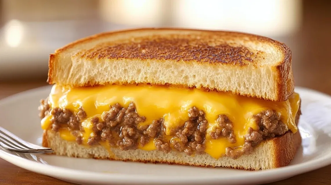 Homemade ground beef grilled cheese sandwich cut in half showing melted cheese