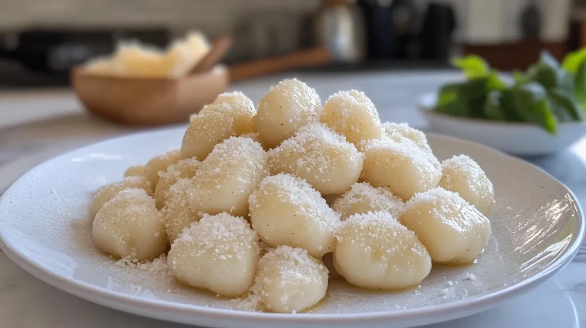 Homemade high protein ricotta gnocchi on white plate