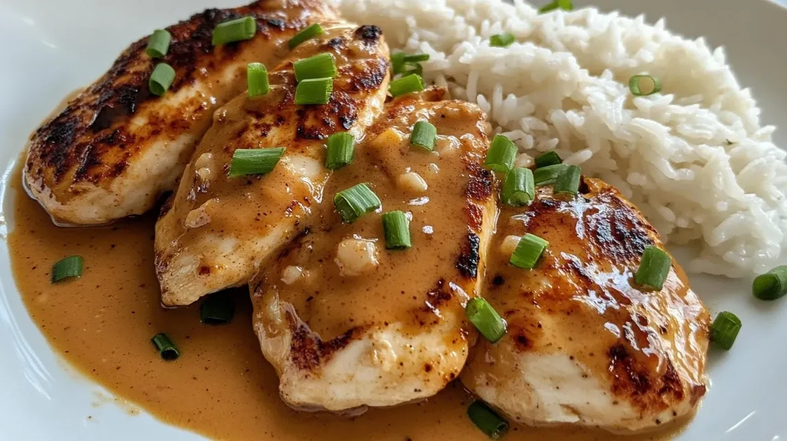 Creamy peanut butter chicken served over white rice with green onion garnish