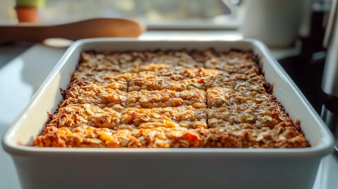 Freshly baked oatmeal apple carrot bake in a square baking dish