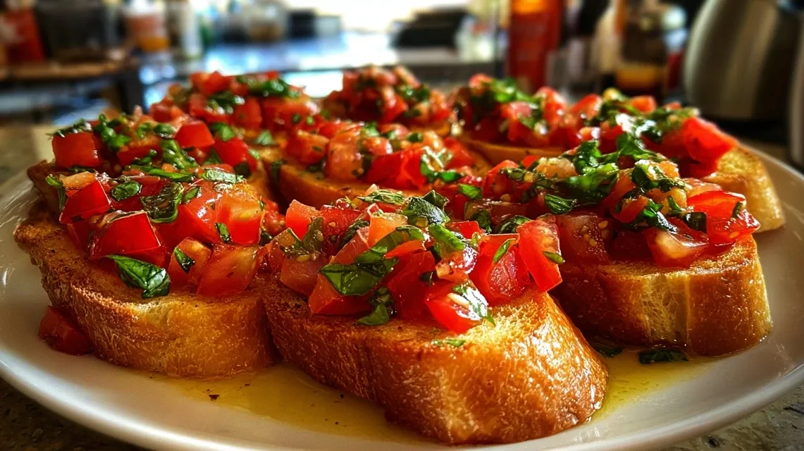 Homemade Classic Italian Bruschetta with tomatoes and basil on toasted bread