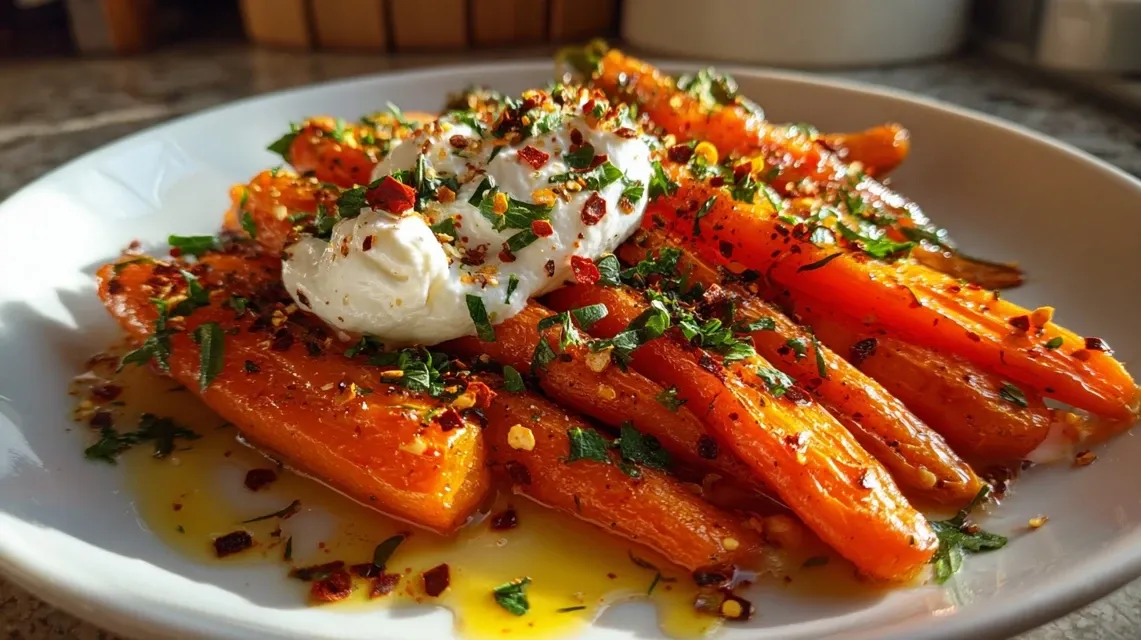 Roasted carrot sticks with creamy whipped ricotta and hot honey drizzle