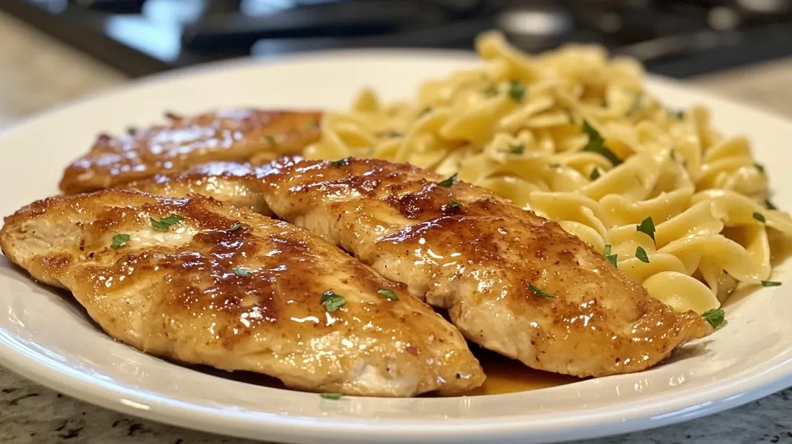 Golden chicken breasts served over buttered egg noodles with herbs