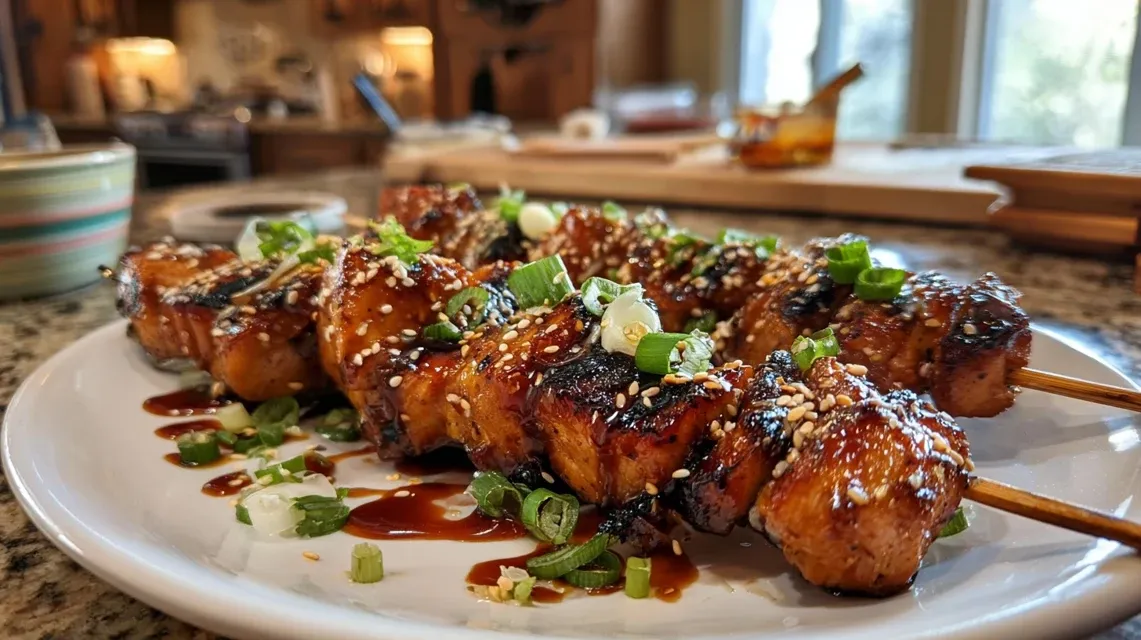 Grilled teriyaki chicken skewers with sesame seeds and green onion garnish
