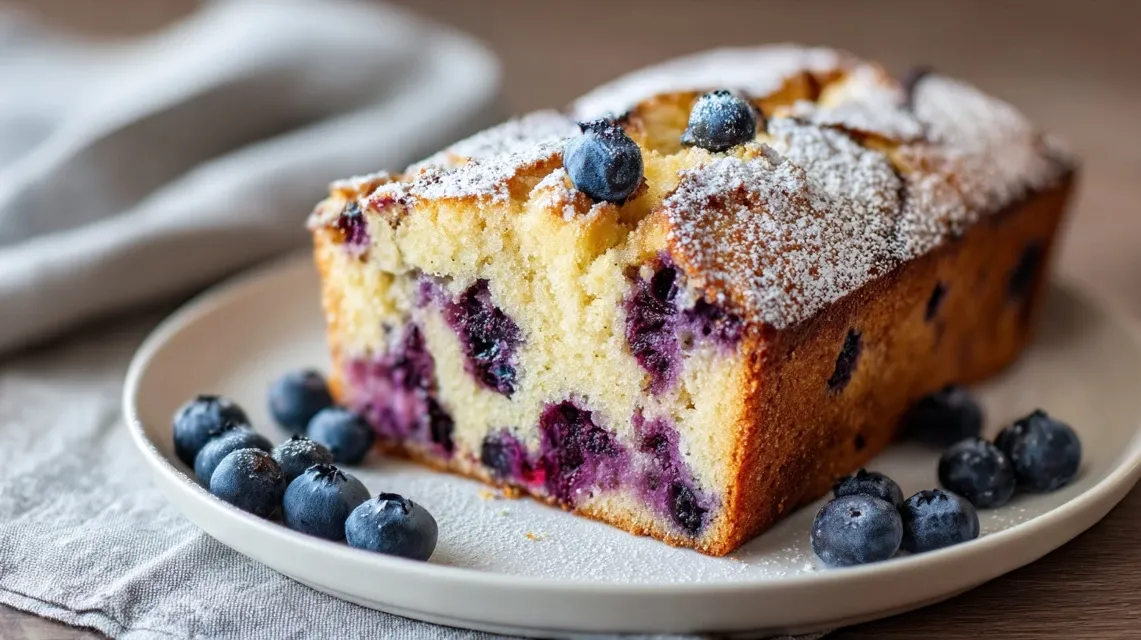 Sliced lemon blueberry bread showing moist texture and blueberries