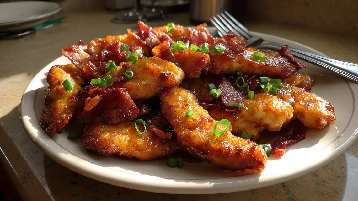 Caramelized bacon brown sugar chicken tenders on white plate with green onion garnish
