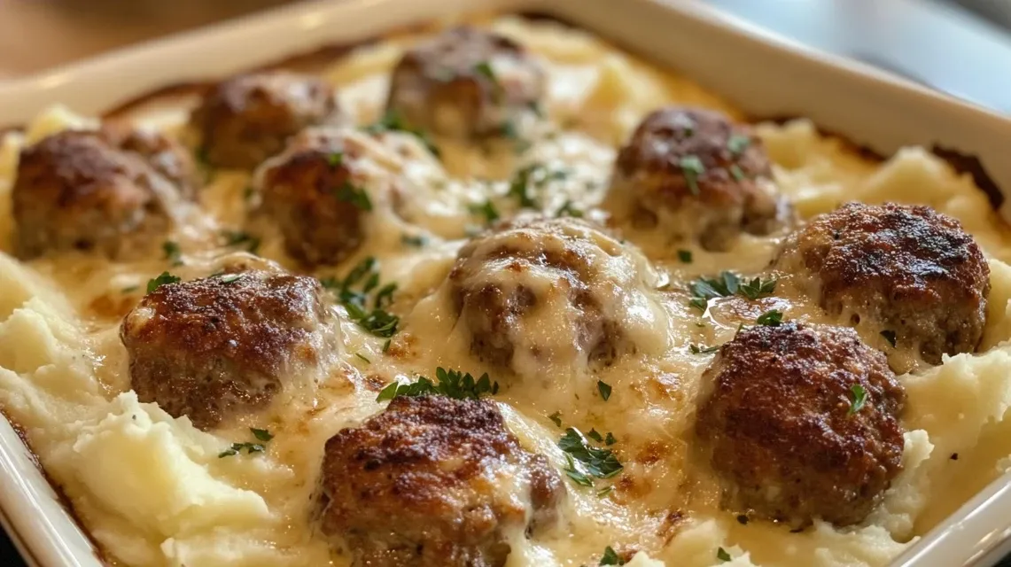 Homemade meatball and mashed potato bake topped with melted cheese