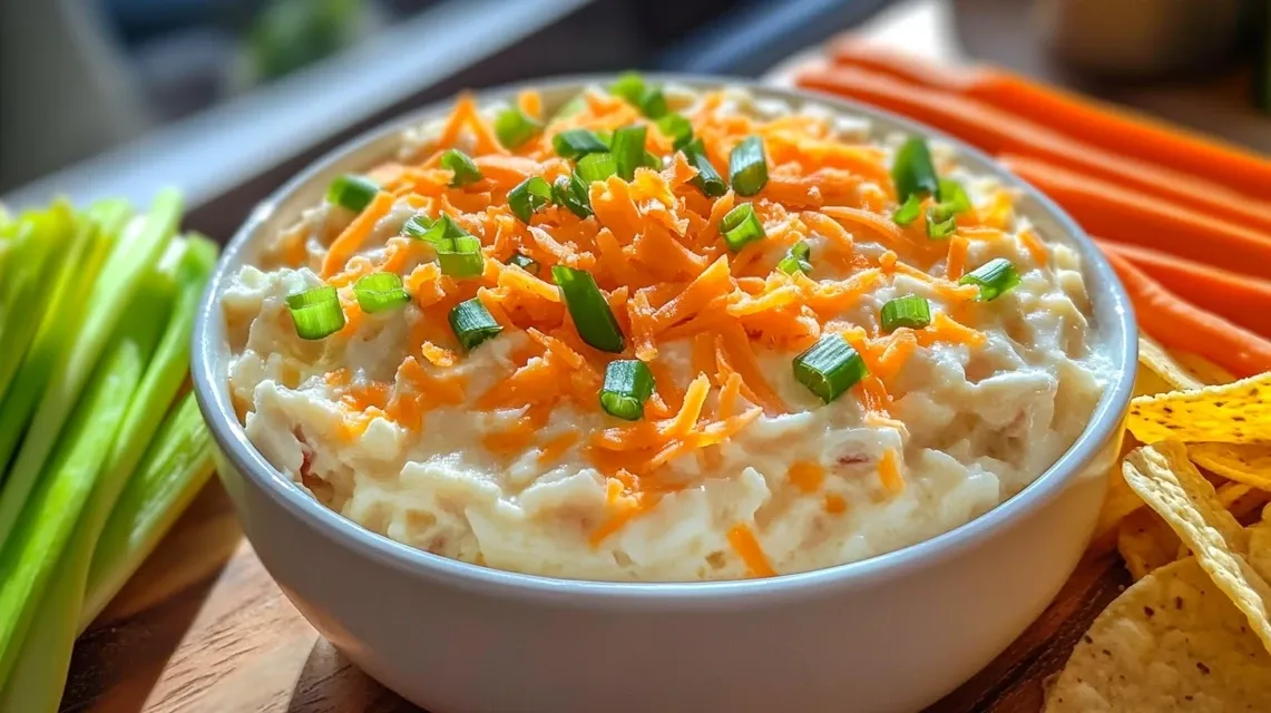 Creamy high protein crack dip in a white bowl with vegetable dippers
