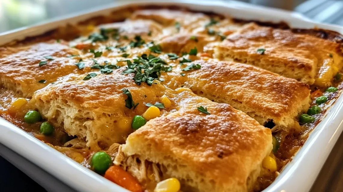 Homemade Red Lobster Chicken Cobbler with golden biscuit topping