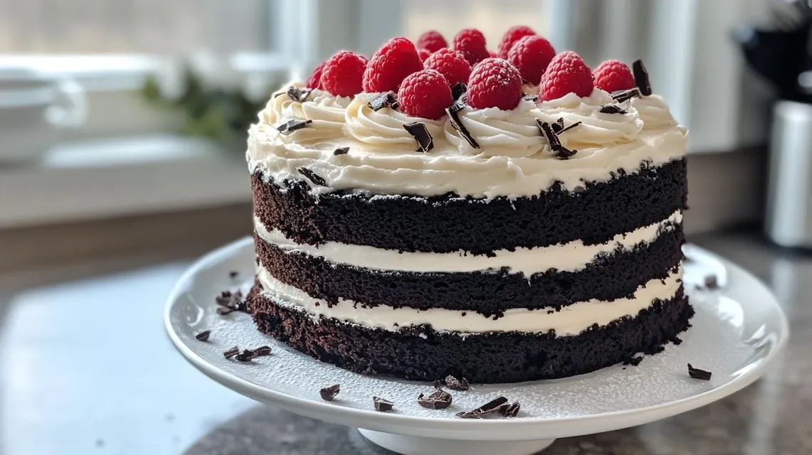 Black velvet cake with cream cheese frosting on decorative cake stand 