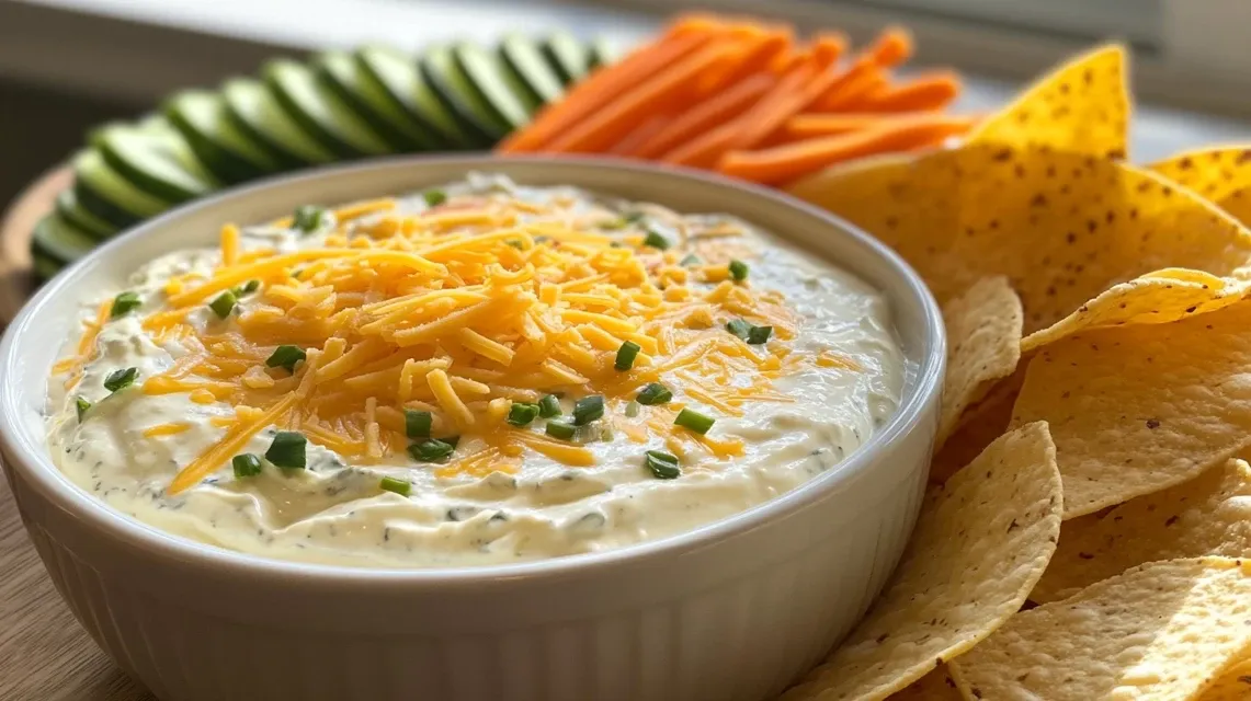 Creamy high protein crack dip served with colorful vegetable crudités