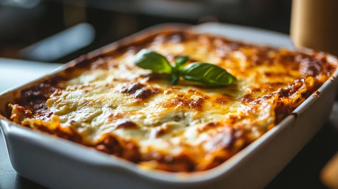 Slice of high protein lasagna showing layers of whole wheat pasta, turkey, spinach and cheese