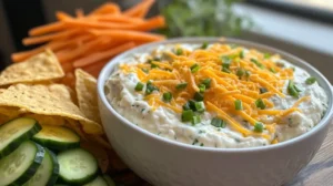 Person dipping tortilla chip into high protein crack dip