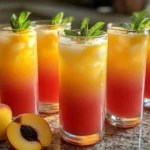 Pitcher of refreshing peach lemonade with peach slices and lemons