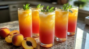 Pitcher of refreshing peach lemonade with peach slices and lemons