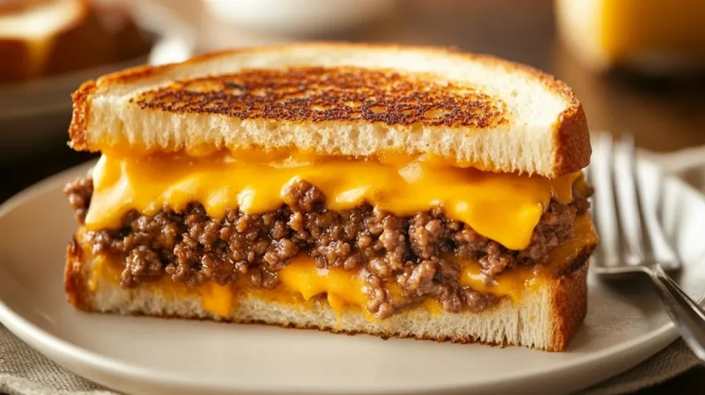Completed ground beef grilled cheese sandwich served with tomato soup