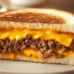 Completed ground beef grilled cheese sandwich served with tomato soup