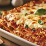 Baked high protein lasagna with bubbling cheese on top