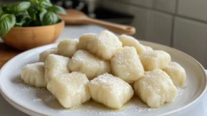 Cooked high protein gnocchi with tomato sauce and fresh basil