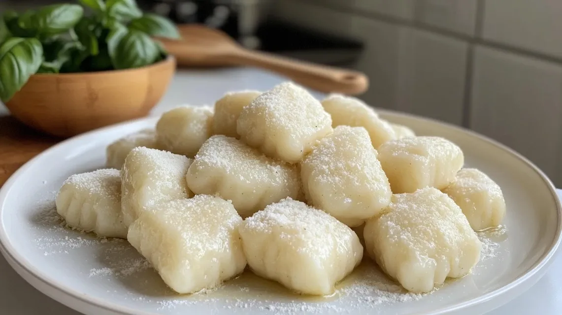 Cooked high protein gnocchi with tomato sauce and fresh basil