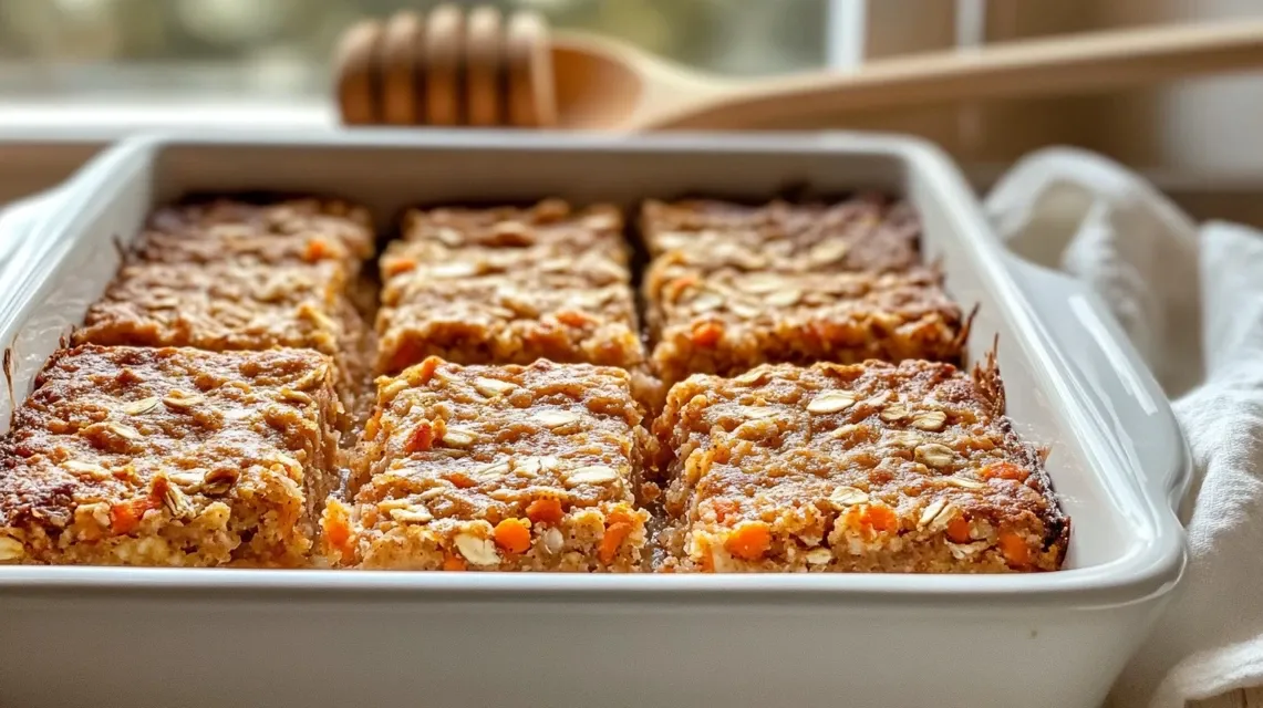Slice of oatmeal apple carrot bake served with yogurt and berries