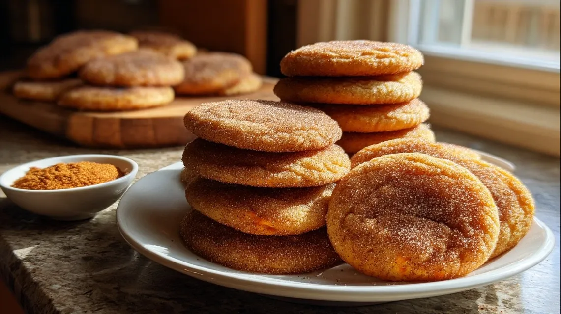 Pumpkin-spice sugar cookie dough balls being rolled in cinnamon-sugar