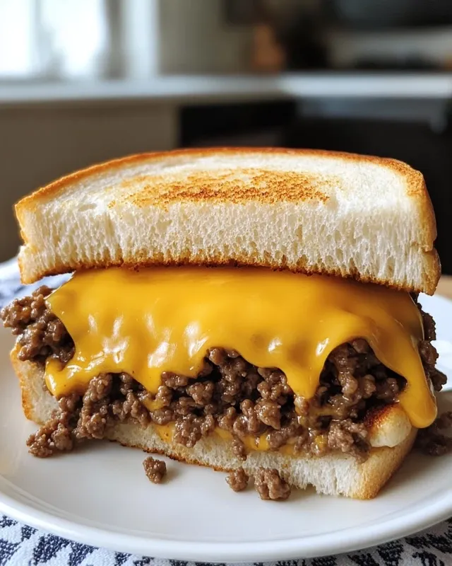 Cooking ground beef with onions and garlic for grilled cheese sandwich filling
