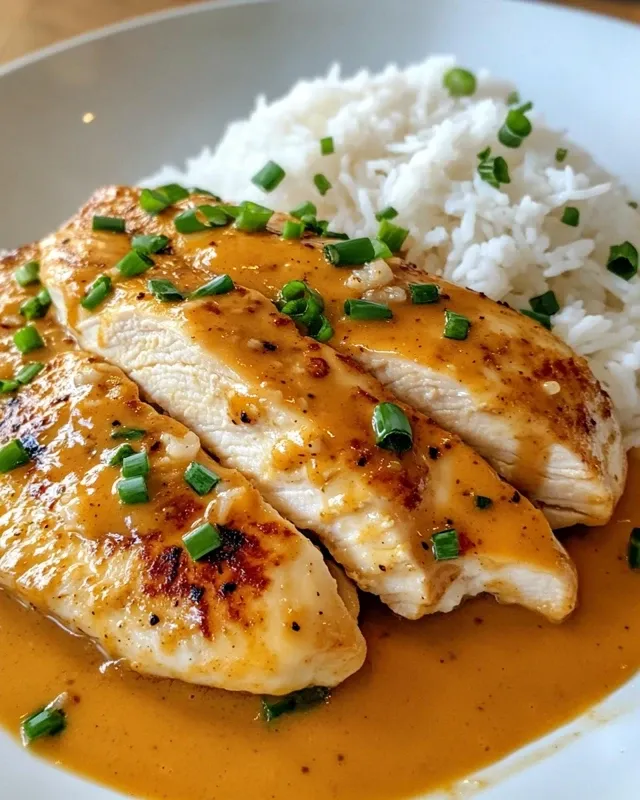 Chicken cooking in skillet with peanut sauce being poured over