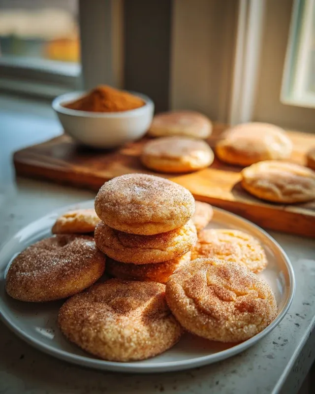 Stack of pumpkin-spice sugar cookies with fall leaves background