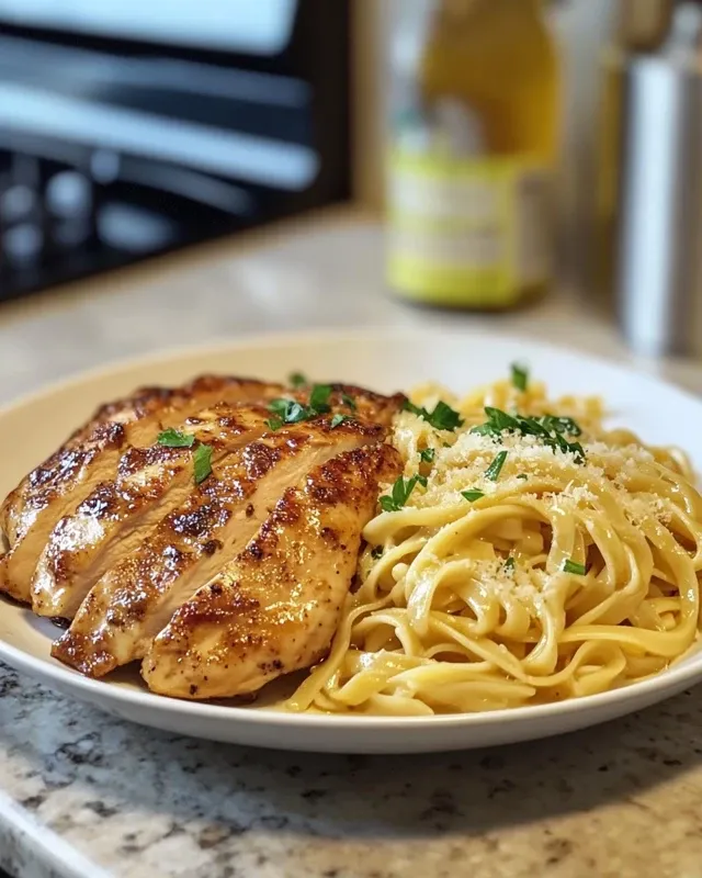 Close-up of egg noodles coated in garlic butter sauce with herbs