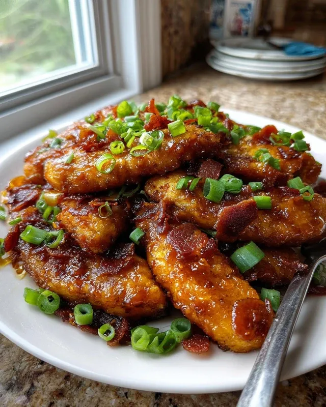 Close-up of caramelized chicken tenders with bacon bits and sauce
