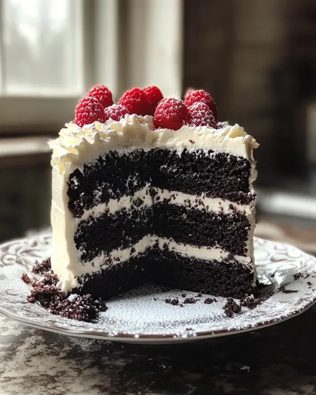 Slice of moist black velvet cake showing layers and cream cheese frosting 