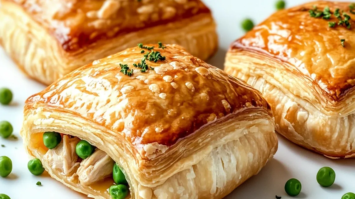 Unbaked chicken pastries with egg wash on baking sheet