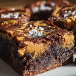 Sliced peanut butter swirl brownies on serving plate