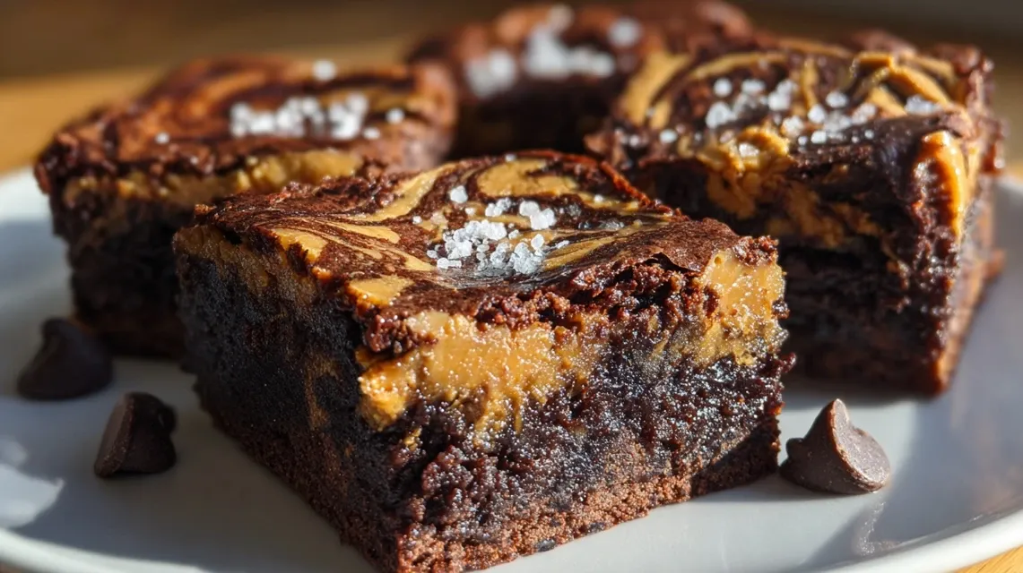 Sliced peanut butter swirl brownies on serving plate
