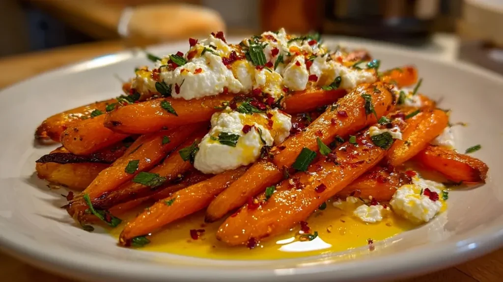 Finished dish of roasted carrots with whipped ricotta served family-style Image title: Family-Style Roasted Carrot Platter