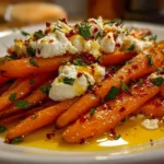 Finished dish of roasted carrots with whipped ricotta served family-style Image title: Family-Style Roasted Carrot Platter