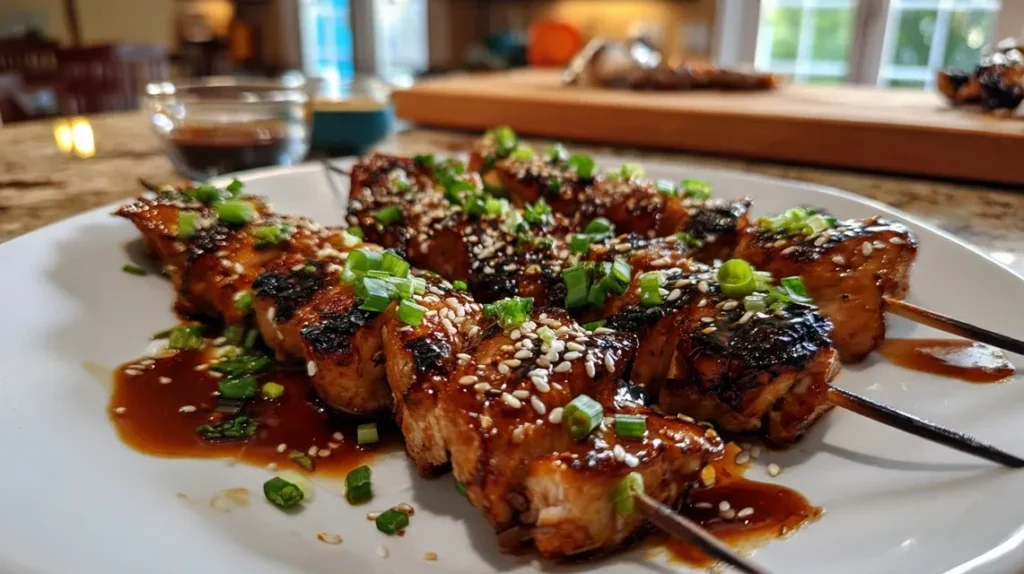 Plated teriyaki chicken skewers with rice and cucumber salad