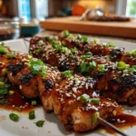 Plated teriyaki chicken skewers with rice and cucumber salad