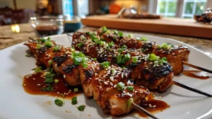 Plated teriyaki chicken skewers with rice and cucumber salad
