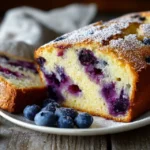 Whole loaf of lemon blueberry bread on cooling rack