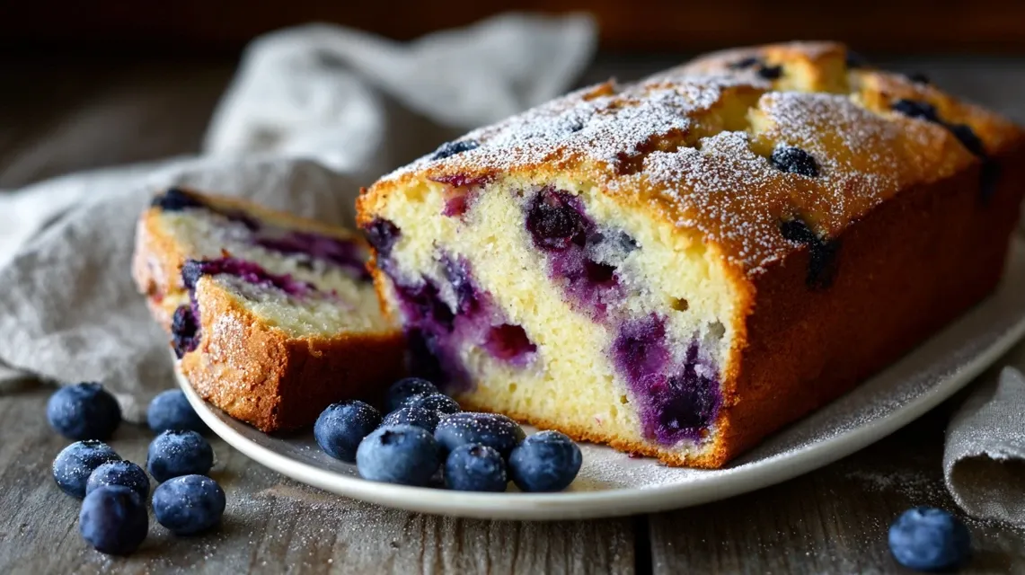 Whole loaf of lemon blueberry bread on cooling rack