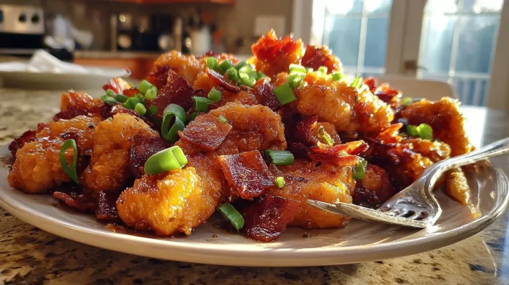 Serving platter of brown sugar bacon chicken tenders with sides