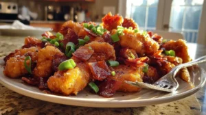 Serving platter of brown sugar bacon chicken tenders with sides