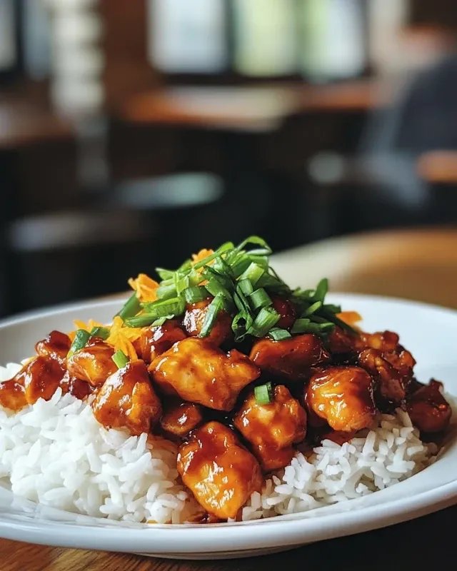 Finished plate of orange chicken with rice and vegetables