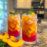 Pitcher of refreshing peach lemonade with peach slices and lemons