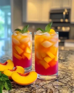 Pitcher of refreshing peach lemonade with peach slices and lemons