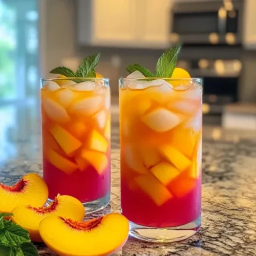 Pitcher of refreshing peach lemonade with peach slices and lemons